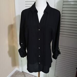 DANA BUCHMAN Women's XXL Black Adjustable-Sleeve Button-Up Blouse Polyester PLUS